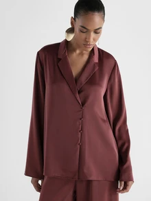 KSTM Satin Oversized Button-Down Shirt With Notched Collar And Long Sleeves Luxe Pajama Style Blouse For Evening And Holiday Occasions - Redwood - View 1