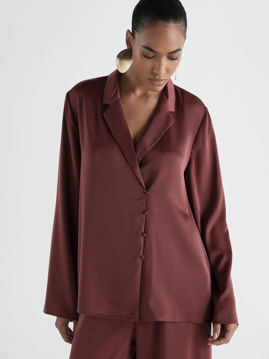 KSTM Satin Oversized Button-Down Shirt With Notched Collar And Long Sleeves Luxe Pajama Style Blouse For Evening And Holiday Occasions - Redwood - View 1