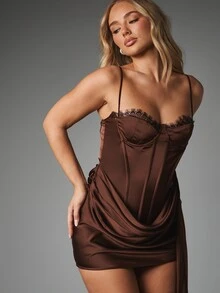 MISSGUIDED Satin Corset Mini Dress With Lace Trim Sweetheart Neckline Ruched Skirt And Dramatic Trailing Train Detail For Party Night Out - Coffee Brown - View 3