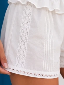 Zerodot Women White Poplin With Ruffles Elegant Shorts Party Going Out Summer - White - View 5