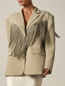 AiiRZ Oversized Fringe Blazer Jacket With Notched Lapel Single Button Closure And Western Inspired Yoke Fringe Detail Fall Winter Outerwear - Green - View 4