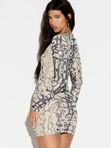 KIZN Long Sleeve Bodycon Mini Dress With Mixed Animal Snake Leopard Print Ruched Mesh Crew Neck Party Night Out - Khaki - View 3