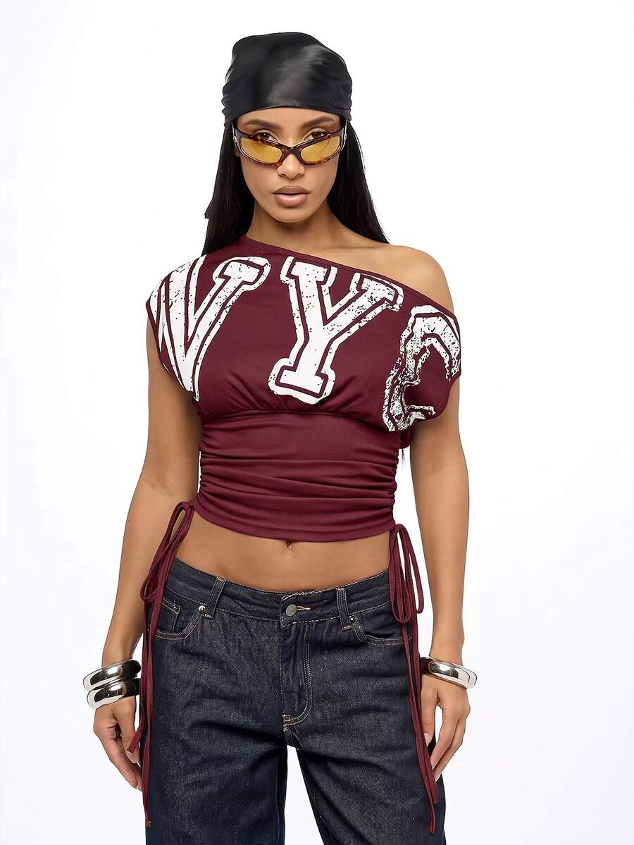 SUMWON WOMEN NYC Varsity Graphic Crop Top With One Shoulder Neckline Ruched Drawstring Hem And Mesh Fabric Festival Party Summer Look - Burgundy - View 1