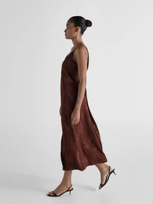 KSTM Suede Slip Midi Dress Sweetheart Neck Spaghetti Strap Front Slit Washed Chocolate Brown Midaxi Evening Party Dress - Coffee Brown - View 6