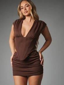 MISSGUIDED Korset Lengan Pendek Berkerah Rendah dengan Tali Pengikat di Belakang dan Rok Bodycon Berkerut untuk Pesta Malam Musim Panas - Coffee Brown - View 5