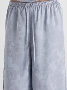 KSTM Satin Jacquard Floral Cami And Wide Leg Trouser Co-Ord Set V-Neck Sleeveless Top Pajama Lounge Two-Piece Set - Blue - View 7