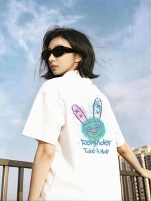 Fuggler | Fanslatte Graphic Print Women's Blouse Short Sleeve Loose Fit White - White - View 1