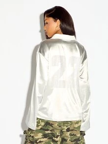 SUMWON WOMEN Satin Oversized V-Neck Jersey Top With Rhinestone Atlanta City Print And Number 23 Back Detail Long Sleeve Metallic Pullover - Grey - View 2