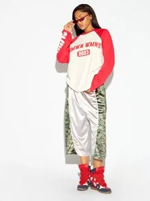 SUMWON WOMEN Oversized Varsity Colorblock Raglan Long Sleeve Crew Neck Top With Distressed Letter Print And Sleeve Graphic For Fall Winter - Red and White - View 3