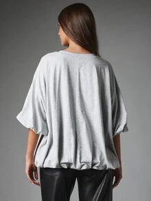 MISSGUIDED Oversized Bubble Hem Puff Sleeve Crew Neck Top Relaxed Fit Jersey Knit Casual Everyday Spring Summer Essential - Grey - View 2