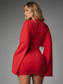 MISSGUIDED Plunge Neck Mini Bodycon Dress With Bell Sleeves And Empire Waist Ruching Detail Perfect For Party Nights And Holiday Celebrations - Red - View 2