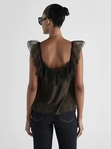 KSTM Elegant Lace Trim Ruffle Cami Top Sleeveless Scoop Neck Flowy Satin Finish Blouse Spring Summer Night Out Party Top - Army Green - View 2