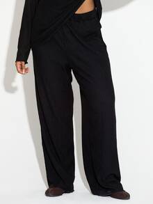 FASHION SZN Plus Size 2 Pieces Ribbed Set Lounge Wear Casual Long Sleeve Two Pieces Set Winter Outfit Winter Co Ord Top And Trousers Soft Rib Weekend Brunch Fall - Black - View 7