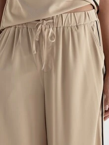 KSTM Wide Leg Satin Casual Pants With Black Contrast Piping Side Split Hem Elastic Drawstring Waist Full Length Palazzo Trousers Summer Holiday - Khaki - View 5