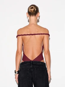 KIZN Off Shoulder Backless Bodysuit With Twisted Rope Strap Detail Deep V Back Cut Out Fitted Body Con Top - Burgundy - View 4