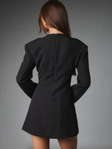MISSGUIDED Black Mini Blazer Dress With Deep V-Neck Lace Trim Satin Bodice Long Sleeves Structured Shoulders Back Zip Closure Party Night Out - Black - View 2