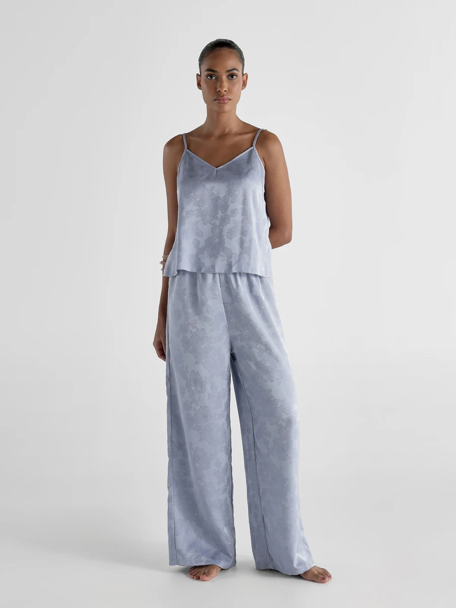 KSTM Satin Jacquard Floral Cami And Wide Leg Trouser Co-Ord Set V-Neck Sleeveless Top Pajama Lounge Two-Piece Set - Blue - View 1