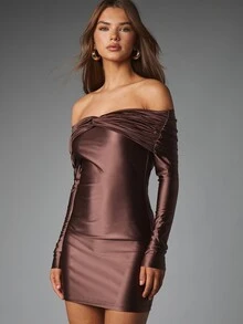 MISSGUIDED Cold Shoulder Satin Bodycon Mini Dress With Twist Knot Ruched Bust Detail And Long Fitted Sleeves For Party Evening Holiday - Coffee - View 4