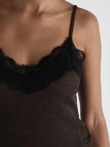 KSTM Ribbed Knit Lace Trim Cami Top Spaghetti Strap V-Neck Sleeveless Form Fitting Dark Chocolate Camisole Fall Winter Style - Multicolor - View 6