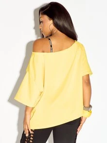 SUMWON WOMEN Oversized Off-Shoulder Graphic Tee With Bold Cursive Slogan Print And Short Sleeves Summer Festival Top - Yellow - View 2
