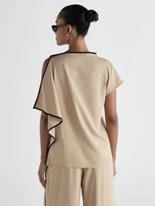 KSTM Asymmetric Cape Ruffle Blouse With Contrast Black Piping Trim Boat Neck Cold Shoulder Satin Finish Top - Camel - View 2