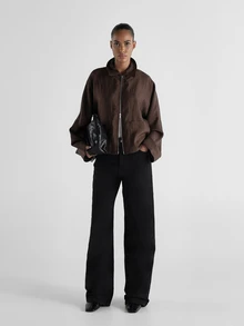 KSTM Oversized Satin Finish Zip-Up Harrington Jacket With Patch Pockets And Stand Collar For Fall Winter Transitional Season - Brown - View 3