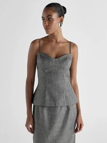 KSTM Micro Houndstooth Check Sweetheart Neckline Structured Cami Top With Peplum Hem And Thin Spaghetti Straps Fall Winter - Multicolor - View 4