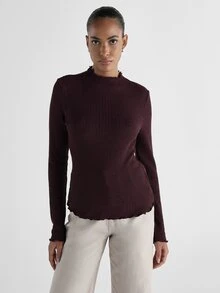 KSTM Ribbed Knit High Neck Long Sleeve Top With Frill Trim Neckline Cuffs And Hem Slim Fit Autumn Winter Essential - Red - View 4