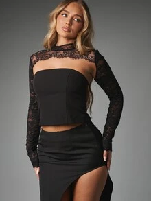 MISSGUIDED Atasan Crop Korset Leher Tinggi Lengan Renda dengan Hiasan Renda Bunga Transparan dan Punggung Terbuka untuk Pesta Malam Hari - Hitam - View 3