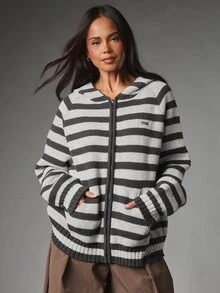 MISSGUIDED Oversized Striped Knit Zip-Up Hoodie With Full Zip Closure And Ribbed Hem Cozy Winter Essential Layering Piece - Grey - View 5