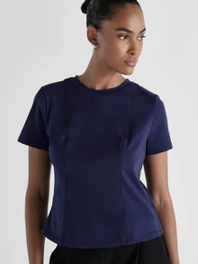 KSTM Fitted Crew Neck Short Sleeve T-Shirt With Seam Detail Paneling Slim Waist Defining Cut Spring Summer Essential Top - Navy Blue - View 5