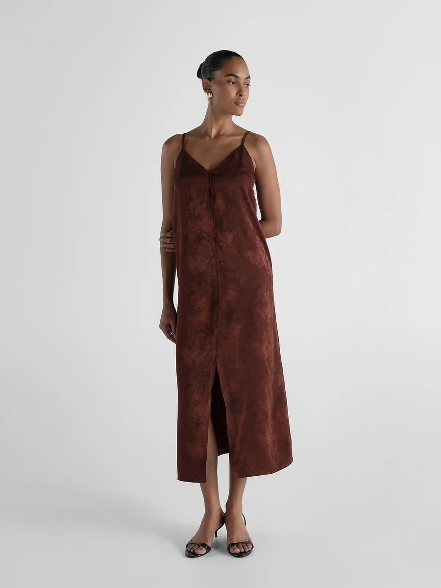 KSTM Suede Slip Midi Dress Sweetheart Neck Spaghetti Strap Front Slit Washed Chocolate Brown Midaxi Evening Party Dress - Coffee Brown - View 1