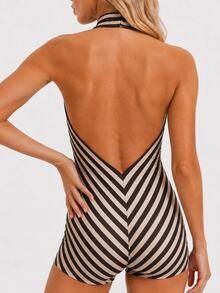 Zerodot Women Brown & Cream Striped Halter Neck Romper With Tie Detail Jumpsuit Casual Daily Fall Pre Fall - Coffee Brown - View 7