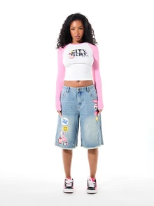 SUMWON WOMEN City Girl Graphic Ribbed Knit Crop Top With Long Pink Raglan Sleeves Crew Neck Fitted Cropped Tee Summer Festival Y2K Style - Multicolor - View 4