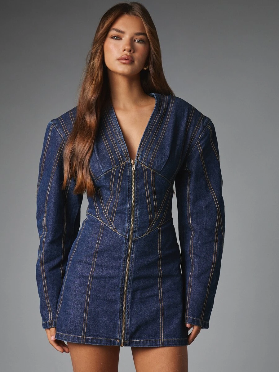 MISSGUIDED Gaun Mini Denim Warna Gelap dengan Leher V Dalam, Resleting Depan, Korset Pinggang, Lengan Panjang Mengembang, dan Detail Jahitan Kontras - Dark Wash - View 1