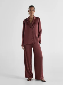 KSTM Satin Wide Leg Palazzo Trousers With Elasticated Drawstring Waist Full Length Flowy Luxe Pants For Evening Party Holiday - Rusty Rose - View 1