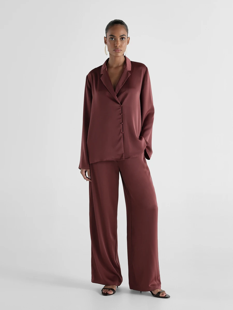 KSTM Satin Wide Leg Palazzo Trousers With Elasticated Drawstring Waist Full Length Flowy Luxe Pants For Evening Party Holiday - Rusty Rose - View 1