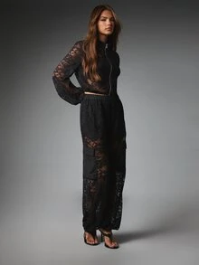 MISSGUIDED Sheer Floral Lace Wide Leg Cargo Pants With Elastic Waist And Side Pockets Full Length Festival Party Night Out - Black - View 4