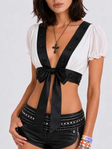 Zerodot Women White Contrast Trim With Front Tie Closure & Embroidery Detail Top Casual Daily Spring Fall - Black and White - View 1