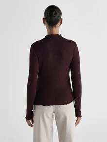 KSTM Ribbed Knit High Neck Long Sleeve Top With Frill Trim Neckline Cuffs And Hem Slim Fit Autumn Winter Essential - Red - View 2
