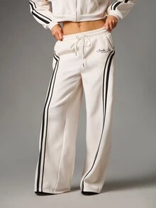 MISSGUIDED Oversized Six Wide Leg Jogger Pants With Contrast Side Stripes And Drawstring Waist Casual Everyday Loungewear - White - View 1