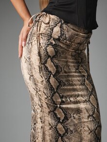 MISSGUIDED Snake Print Ruched Side Drawstring Skirt High Rise Bodycon Mermaid Hem Flared Floor Length Stretch Skirt Party Night Out - Multicolor - View 4