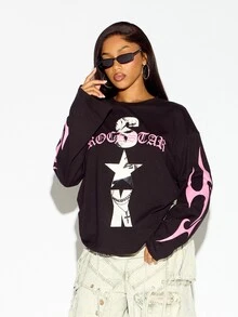 SUMWON WOMEN Boxy Fit Rockstar Graphic Long Sleeve Oversized Crew Neck T-Shirt With Flame Sleeve Print And Star Motif Punk Rock Edgy Spring Festival Style - Black - View 1