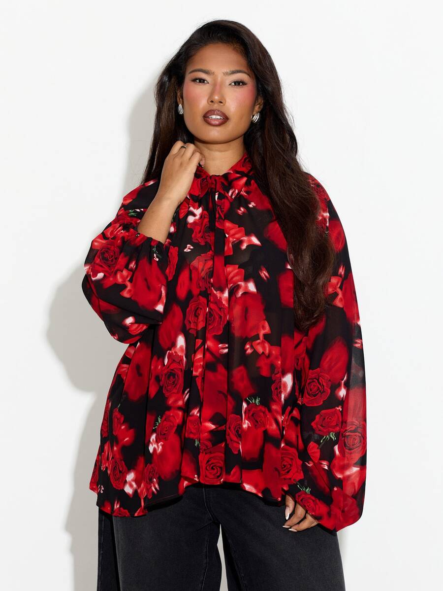 FASHION SZN Plus Size Chiffon Rose Print Blouse Loose Fit New Season Fall Autumn Winter Date Night Weekend Brunch Fall Trending New Season Hot Selling Item Sheer Shirt Long Sleeve Top - Multicolor - View 1