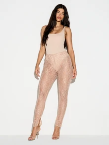 KIZN Sheer Floral Lace Sequin Leggings High Rise Skinny Leg Full Length Ankle Split Party Night Out Holiday Pants - Apricot - View 2