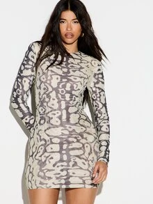 KIZN Long Sleeve Bodycon Mini Dress With Mixed Animal Snake Leopard Print Ruched Mesh Crew Neck Party Night Out - Khaki - View 5