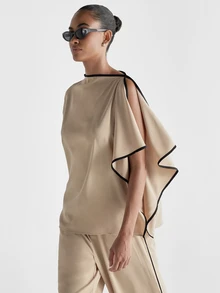 KSTM Asymmetric Cape Ruffle Blouse With Contrast Black Piping Trim Boat Neck Cold Shoulder Satin Finish Top - Camel - View 1