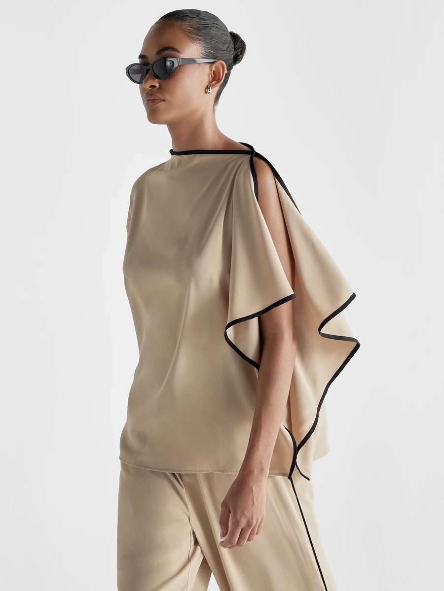 KSTM Asymmetric Cape Ruffle Blouse With Contrast Black Piping Trim Boat Neck Cold Shoulder Satin Finish Top - Camel - View 1