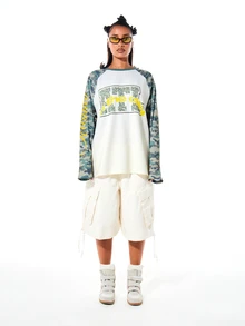 SUMWON WOMEN Oversized Raglan Long Sleeve Top With Camo Sleeves Graphic Print Crew Neck Waffle Texture Colorblock Street Style - Grey - View 3