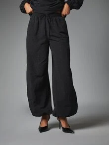 MISSGUIDED Wide Leg Casual Pants With Rhinestone Embellishment Elastic Drawstring Waist Side Pockets Full Length Party Evening Holiday - Black - View 1